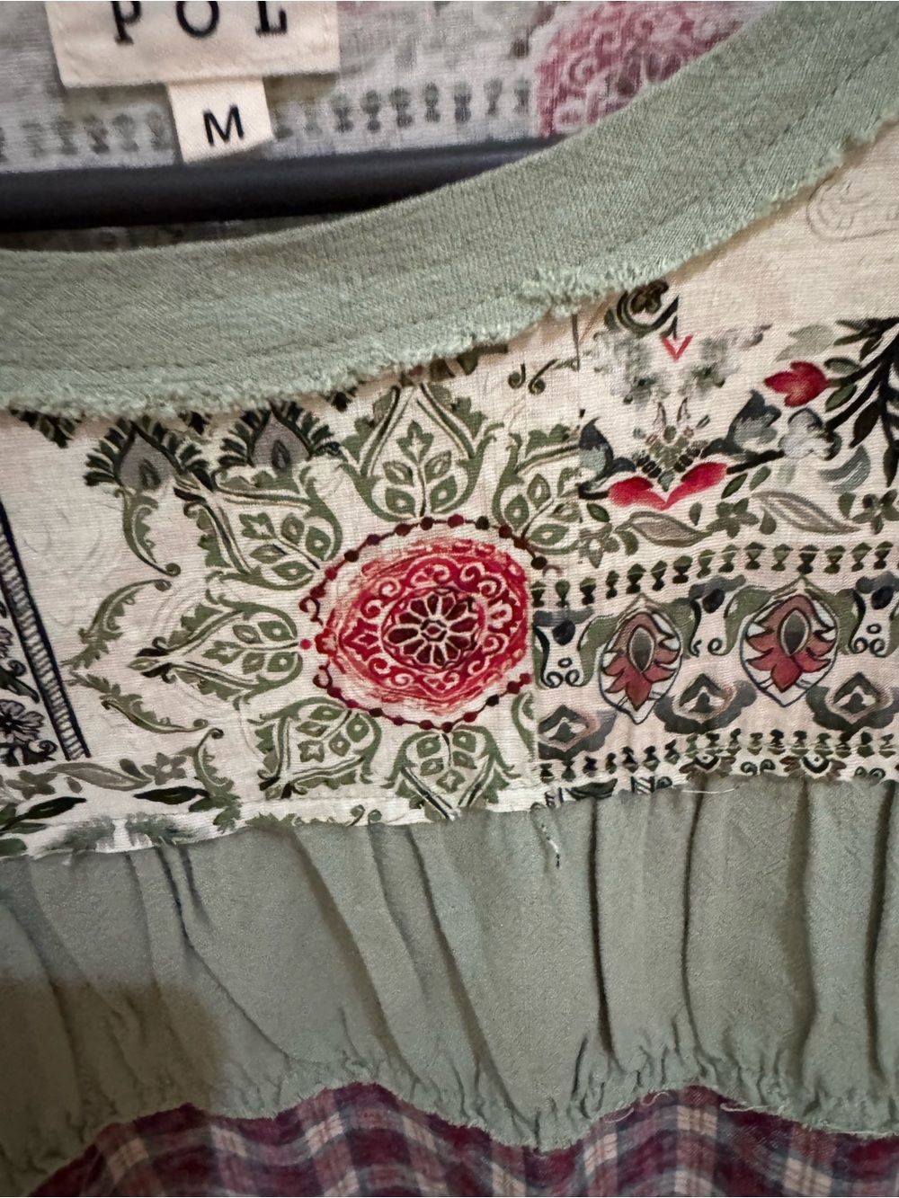 POL Sage Green Patchwork Tunic with Red Floral Accents - Picture 7 of 9